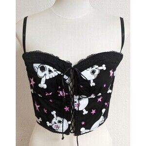 NWT~Women's DOLLS KILL Widow Start A Riot Lace-Up Skull Tank Large